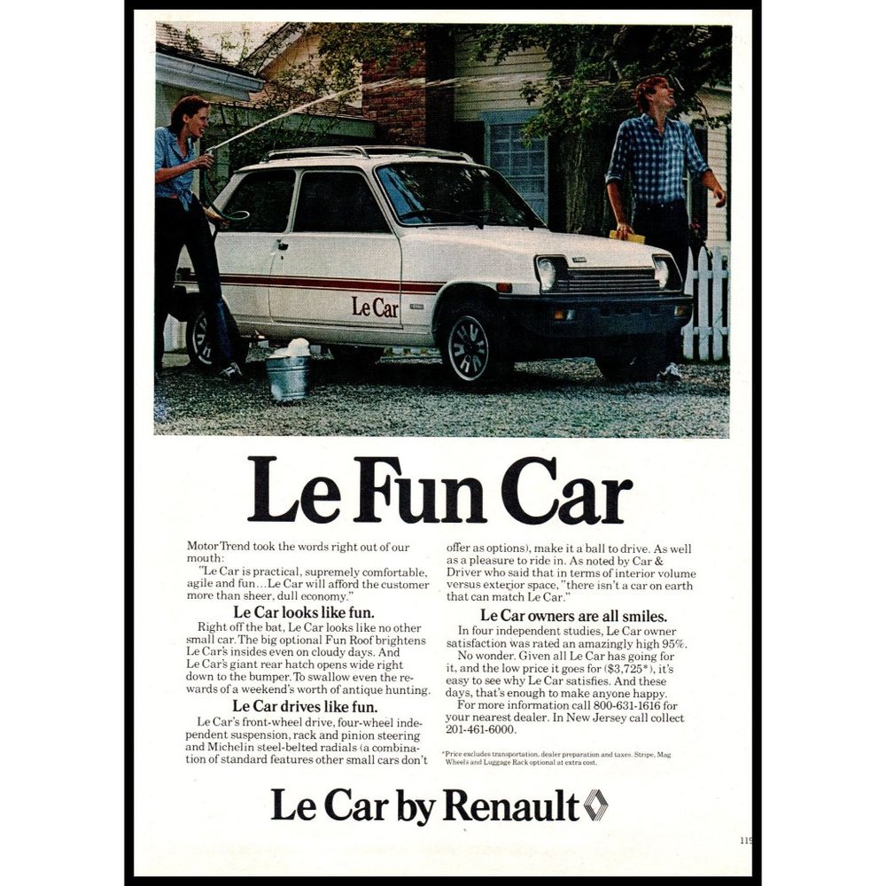 1978 Renault Le Fun Car Vintage Print Ad Couple Car Wash Splash Wall Art Photo